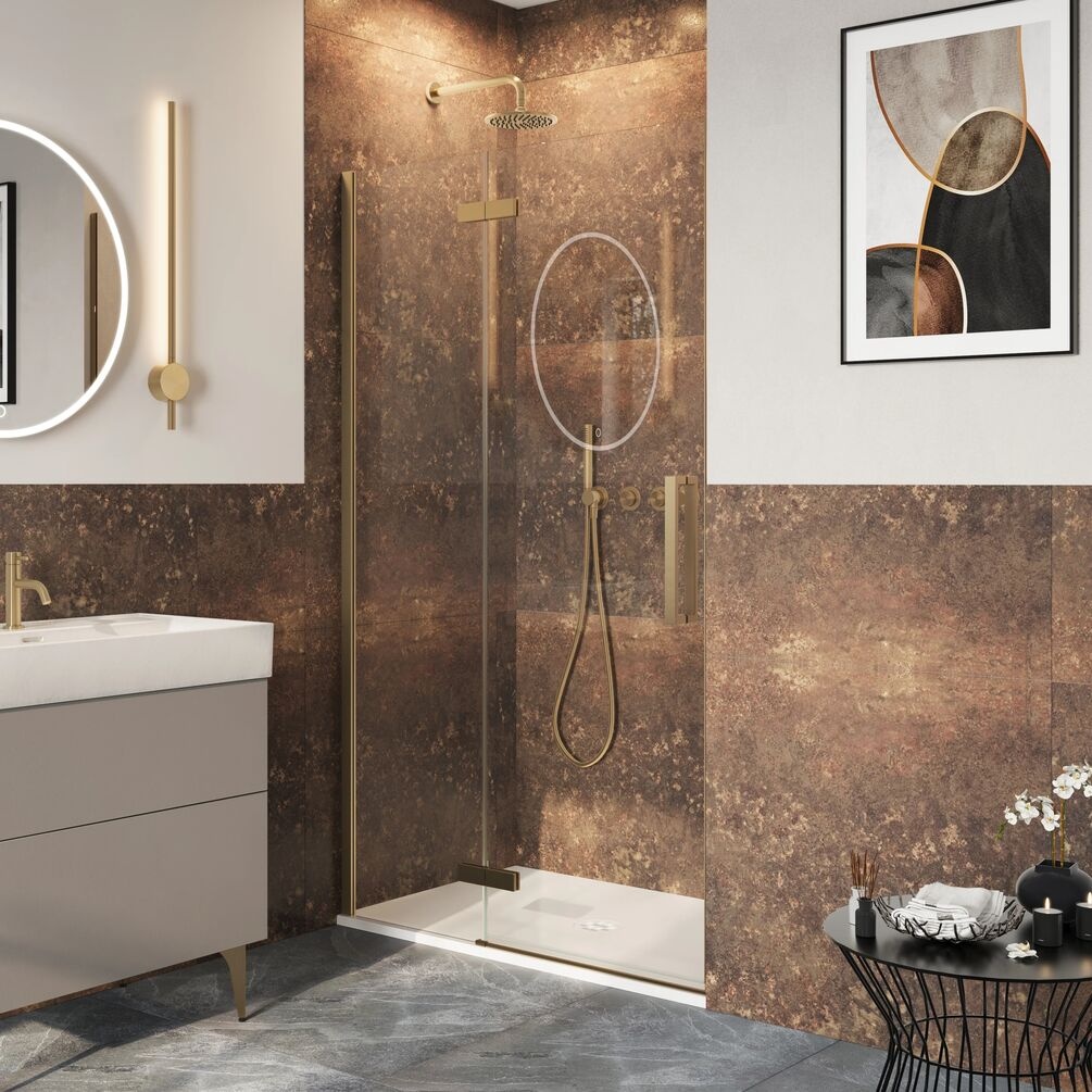 Lifestyle image of Crosswater Asura 8 Brushed Brass 1400mm Hinged Shower Door & Inline Panel